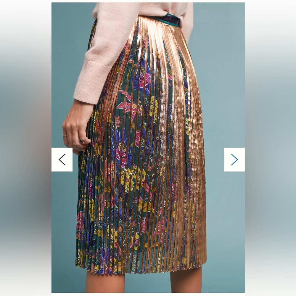 NWOT Anthropologie Maeve Pleated Printed Gold Floral Midi Knee Length Skirt 6 S - Picture 4 of 8